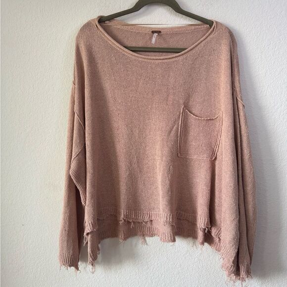 FREE PEOPLE Peach Prism Boxy Cropped Oversized Sweater S Pullover Boho Lagenlook - Picture 3 of 8